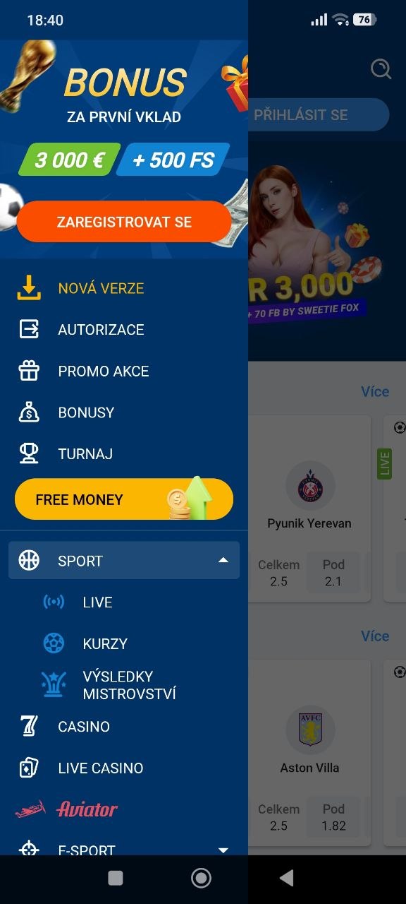 Rozhraní mobilní aplikace Mostbet s navigačním menu Sport, Casino, Live Casino