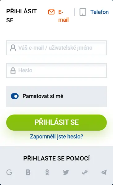 Přihlašovací okno Mostbet se záložkami E-mail a Telefon a možností přihlášení přes sociální sítě